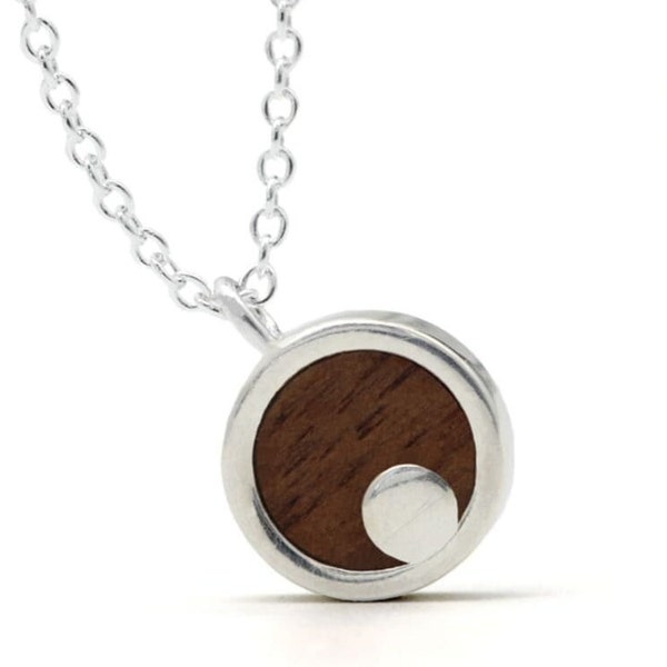 Moonshine Halskette Holz 925 Silber Kette mit Anhänger Medaillon Holz Holzanhänger Damen Kettenanhänger Amulett Holzschmuck Charms Geschenk