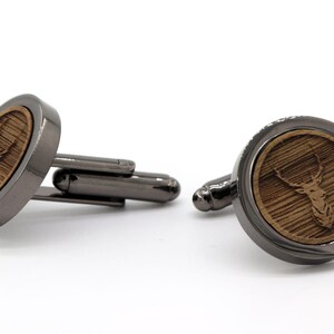 Wedding Cufflinks Men Wood with 3D Engraving Deer personalized Groom Groomer Cuffs Silver/black round gift idea Black