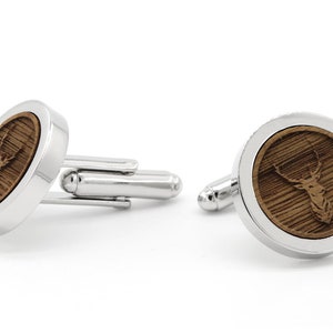 Wedding Cufflinks Men Wood with 3D Engraving Deer personalized Groom Groomer Cuffs Silver/black round gift idea