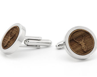 Wedding Cufflinks Men Wood with 3D Engraving Deer personalized Groom Groomer Cuffs Silver/black round gift idea