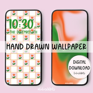 May include: Two smartphones displaying digital wallpapers. One features a grid pattern with orange tulips and the time 10:30 AM. The other has an abstract design in orange and green. Text includes "HAND DRAWN WALLPAPER" and "DIGITAL DOWNLOAD".