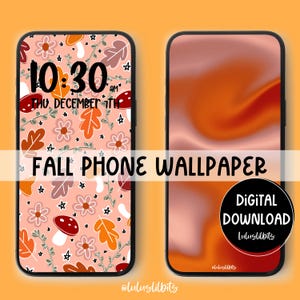 Puede incluir: Dos fondos de pantalla para teléfono con diseños de otoño. El primer fondo de pantalla tiene un fondo rosa con un patrón de hongos, hojas, flores y estrellas. El segundo fondo de pantalla tiene un fondo degradado con tonos de naranja y rosa. Ambos fondos de pantalla incluyen el texto "FALL PHONE WALLPAPER" y el nombre de usuario de redes sociales "@luluslilbits".