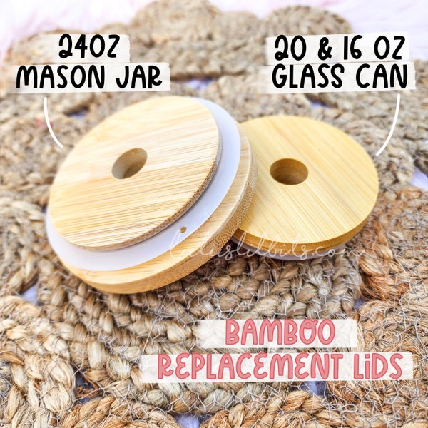 Bamboo Replacement Lid | 16oz & 20oz Glass Can Bamboo Lid | Wide Mouth 24oz Mason Jar Bamboo Lid | Reusable Lid | Tumbler Accessories