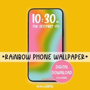以下が含まれることがあります： 虹色のグラデーションの背景を持つデジタル携帯電話の壁紙。時間は午前10時30分、日付は12月1日木曜日。テキスト「*RAINBOW PHONE WALLPAPER*」は画像の下部に表示されます。ピンクの円の中に「デジタルダウンロード」と「Luluslilbits」のテキストが書かれたものが右下隅にあります。テキスト「@luluslilbits」は画像の下部に表示されます。