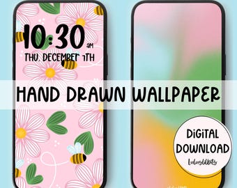 Floral Bee Phone Wallpaper | Hand-Drawn Lock Screen (Digital Download)