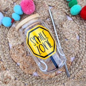 Smile Zone Iced Coffee Cup | 16oz Glass Cup | Beer Can Glass with Lid and Straw | Retro Modern Cup | Happy Gift