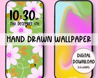Floral Bee Phone Wallpaper | Hand Drawn Lock Screen (Digital Download)