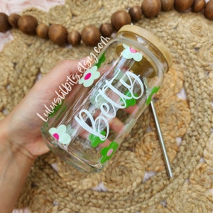 Personalized Green Flower Glass Cup | Retro Flower Glass Can | Iced Coffee Cup | 16oz Glass Cup | Beer Can Glass