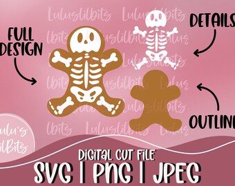 Pode incluir: Um arquivo de corte digital para um esqueleto de gengibre. O arquivo inclui um design completo, um contorno e detalhes do esqueleto. O arquivo está disponível nos formatos SVG, PNG e JPEG.