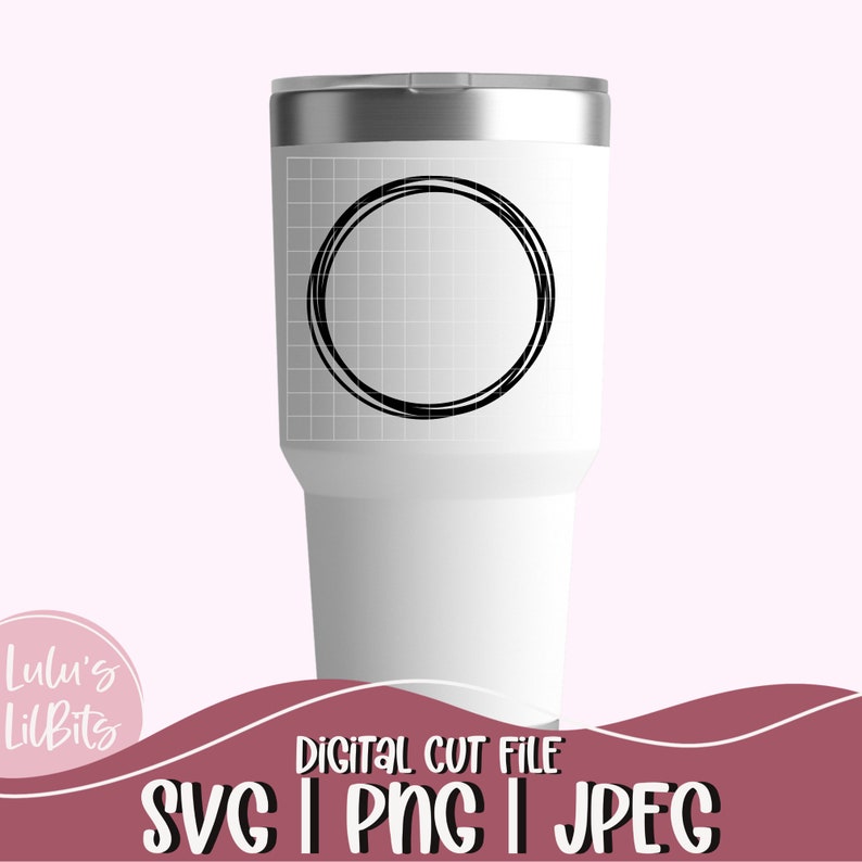 May include: White tumbler with a black circle design. The circle has a double outline. The tumbler has a silver lid.  "Digital Cut File SVG | PNG | JPEG" is written below the tumbler.