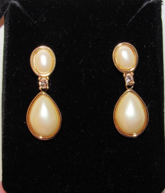Vintage 1950/60 faux pearl and crystal drop earri… - image 1