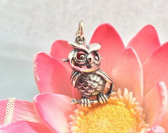 Collar con dije de búho en plata de ley: colgante de pájaro salvaje