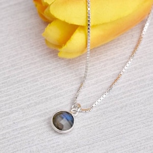 May include: A silver chain necklace with a round, iridescent labradorite gemstone pendant.