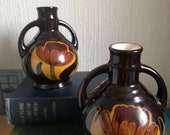 Vintage Set of Two Brown Studio Pottery Vases with hands Amphora Vase