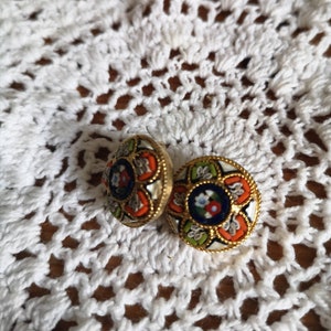 Vintage Micro mosaic Round Floral Clip-on Earrings Jewellery