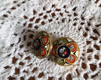 Vintage Micro mosaic Round Floral Clip-on Earrings Jewellery