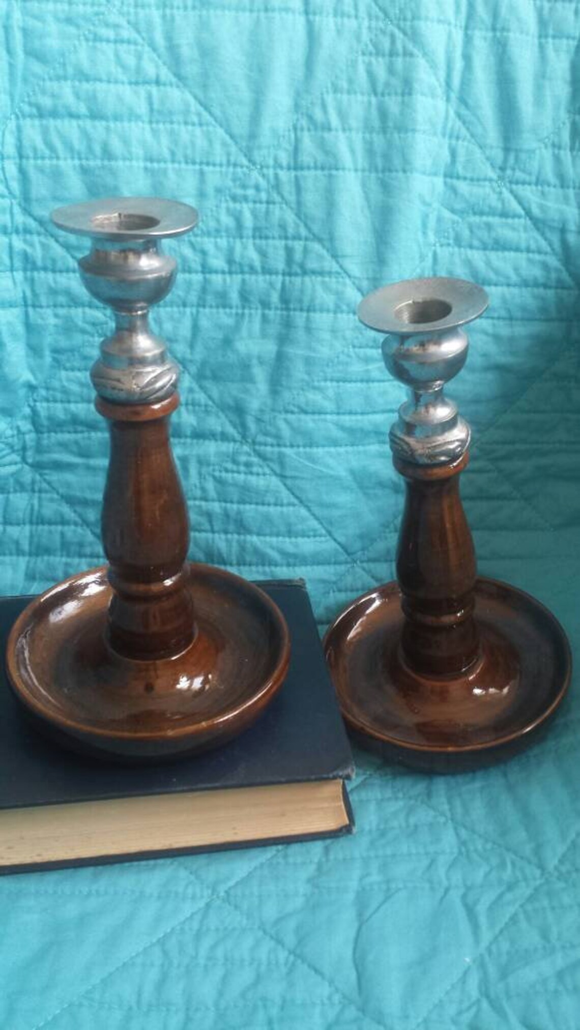 Pair of Wooden and Metal Candlesticks Vintage Rustic English Etsy