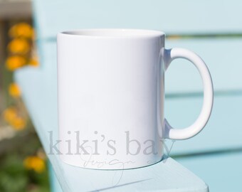white coffee mug blue background // 11 oz white mug mock-up styled stock photography // digital download // summer styled stock coffee mug