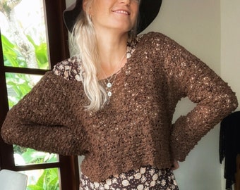 Knit Sweater brown, Crochet Sweater, Boho Sweater, Hippie Sweater, Summer Sweater, Festival Clothing, Off Shoulder Sweater, Sweater light