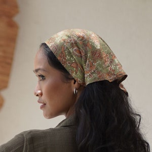 Boho Triangle Head Scarf Floral Olive Green, Kerchief 