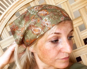 Boho triangle Head scarf Floral Olive Green, Kerchief bandana Sun Head Protection Beach, Hairband Hippie Accessories 70s head wrap