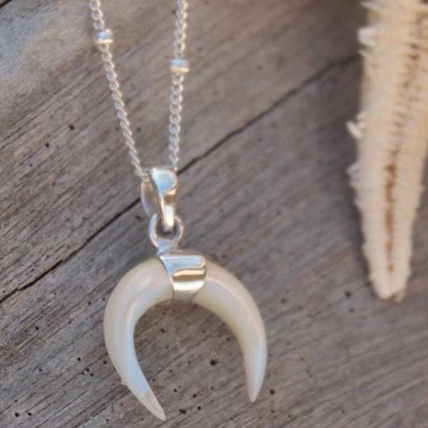 Small Horn Necklace White mother of pearl 925 sterling silver. Crescent Moon Necklace. Fine Boho Necklace Upside Down Moon