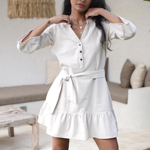 Linen Fall Dress Off White, White Ibiza Tunic Dress Linen, Natural linen dress with Belt, Short Casual Dress, Comfy Mini Dress