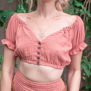 Boho Chic Bardot Crop Top Ibiza Style, Muslin Cotton Hippie Top, Beach Outfit, Festival Top Front Buttons Dusty Salmon, Puff Sleeves