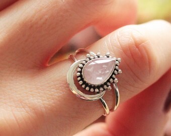 Boho Statement Ring, Tear Drop Rose Quartz Ring, Gemstone Crescent Moon Ring, October Birthstone, Gift for her, 925 Silver Handmade in Bali