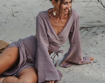 Muslin Cotton Hippie Dress two piece Taupe Boho Ibiza Festival Dress vacation Sun Dress Belly Top Maxi Slit Dress wrap blouse bell sleeves