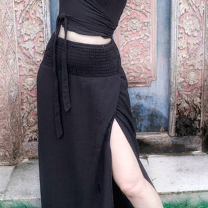 Black Boho chic Maxi Skirt High Waisted Ibiza Style Muselin Cotton, Hippie Festival Slit Skirt long, Beach Look Skirt, Beach Vacation Wear