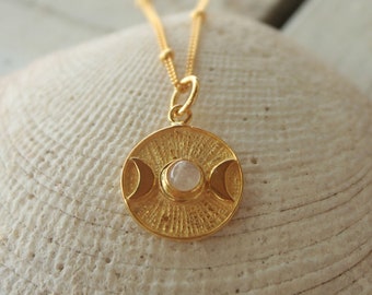 Coin Necklace Moon Phases, Triple Moon Goddess Necklace 925 Silver gold plated, Boho Medallion Necklace Moonstone, Witchy Necklace Handmade