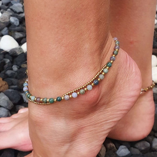 Double band Hippie Macrame anklet rainbow achate gemstones Boho Gem ankle Bracelet Bohemian Beach Jewelry Gift for Her