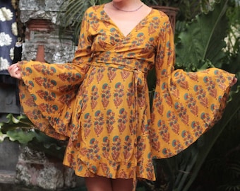 Bell sleeve dress 70s Retro Style Short Wrap Dress Mustard Yellow Floral Dress Boho Dress Flared Sleeves Dress Hippie Chic Ibiza