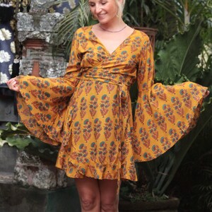 Bell sleeve dress 70s Retro Style Short Wrap Dress Mustard Yellow Floral Dress Boho Dress Flared Sleeves Dress Hippie Chic Ibiza