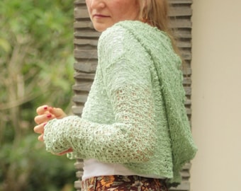 Knit Hoodie Short Mint, Cropped Sweater Hood, Knitted Shirt Underboob, Hooded Boho Top, Crochet Top Hippie Style, Mesh Crop Shirt Hood