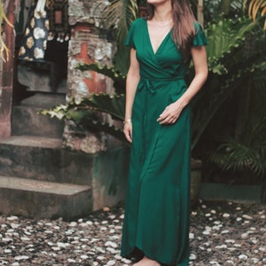 Maxi Wrap Dress Bottle Green, Bridesmaid Dress, Boho Summer Dress, Boho Wedding Guest Dress, Boho Chic Evening Dress