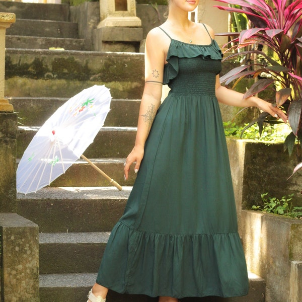 Robe Maxi Vert bouteille, Robe élégante longue, Robe de demoiselle d’honneur, Robe d’été à bretelles spaghetti, Robe d’invité de mariage Boho, Robe de soirée