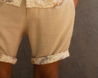 Bermudas para hombre con estampado floral plegable, pantalones cortos de lino para hombre, pantalones cortos de verano para vacaciones en la playa