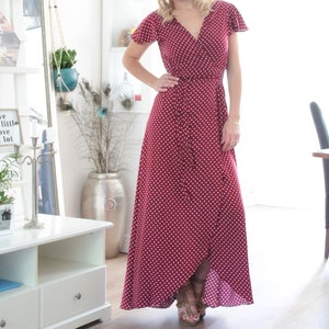 Red Polka Dot Maxi Dress, Summer Wrap Dress, Elegant Dotted Dress long, Short Butterfly Sleeves, Mama Nursing Dress, Boho Chic IBIZA Style
