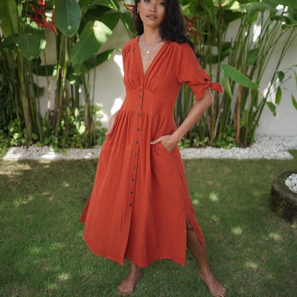 Women's Summer Dress ocher red, Muslin Dress Midi, Casual Cottagecore Dress, Short sleeve cotton dress, Every Day Dress