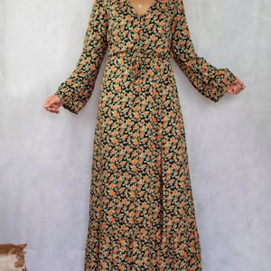 Boho Floral Maxi Dress Slit, Long Sleeve Dress Long Flower Pattern, Bohemian Autumn Dress, Boho Chic Dress, Long Hippie Dress Ibiza