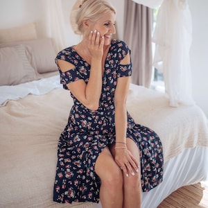 Women&#39;s summer dress flowers, cut out dress/ asymmetric midi dress/ romantic boho dress short in front, long in back