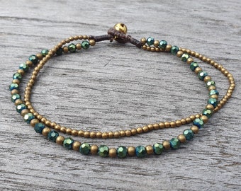 Oriental Double String Boho Anklet Golden Brass and glittery green crystal beads. Multistring Ankle chain Hippie ankle bracelet Gift for her