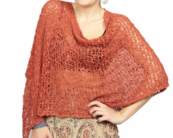 Hippie Boho Knit Poncho Waterfall Boat Neckline Top Ladies Poncho Boho Crochet Top Poncho Sommer Poncho Bikini cover Up Cape Cognac Rust
