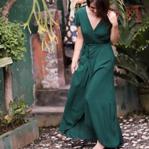 Maxi Wrap Dress Bottle Green, Elegant Dress long, Bridesmaid Dress, Boho Summer Dress, Boho Wedding Guest Dress, Evening Dress Asymmetrical