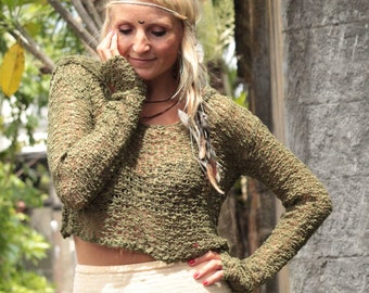 Underboob Crochet Crop Top, Cropped Hoodie, Knitted Sweater Olive, Hooded Summer Sweater, Hooded Top