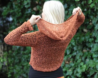 Underboob Crochet Crop Top rust brown Cognac, Cropped Hippie Hoodie, Knitted Sweater net, Hooded Mesh Sweater, Hooded Belly Top Festival Goa