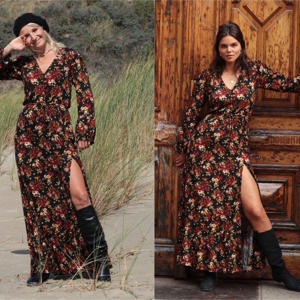 Boho Maxi Dress Flower Print, Robe longue fendue manches longues, Robe gitane florale noir rouge, Robe Boho V Neck Floor Longueur longue, Hippie