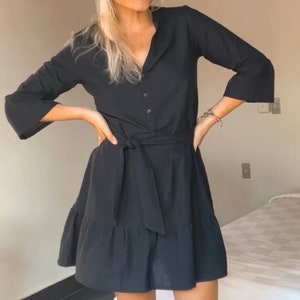 Simple loose linen dress with 3/4 sleeves, short autumn dress wide cut, loose tunic dress, button shirt dress with belt
